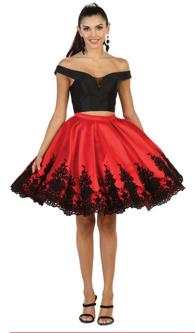 May Queen - MQ1504 Two Piece Off-Shoulder Cocktail Dress Special Occasion Dress 2 / Blk/Red