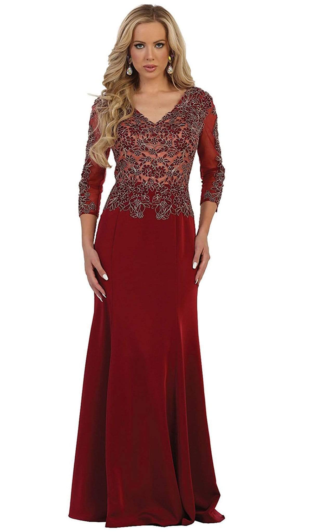 May Queen - MQ1505 Quarter Length Sleeve Lace Sheath Evening Dress Mother of the Bride Dresses M / Burgundy