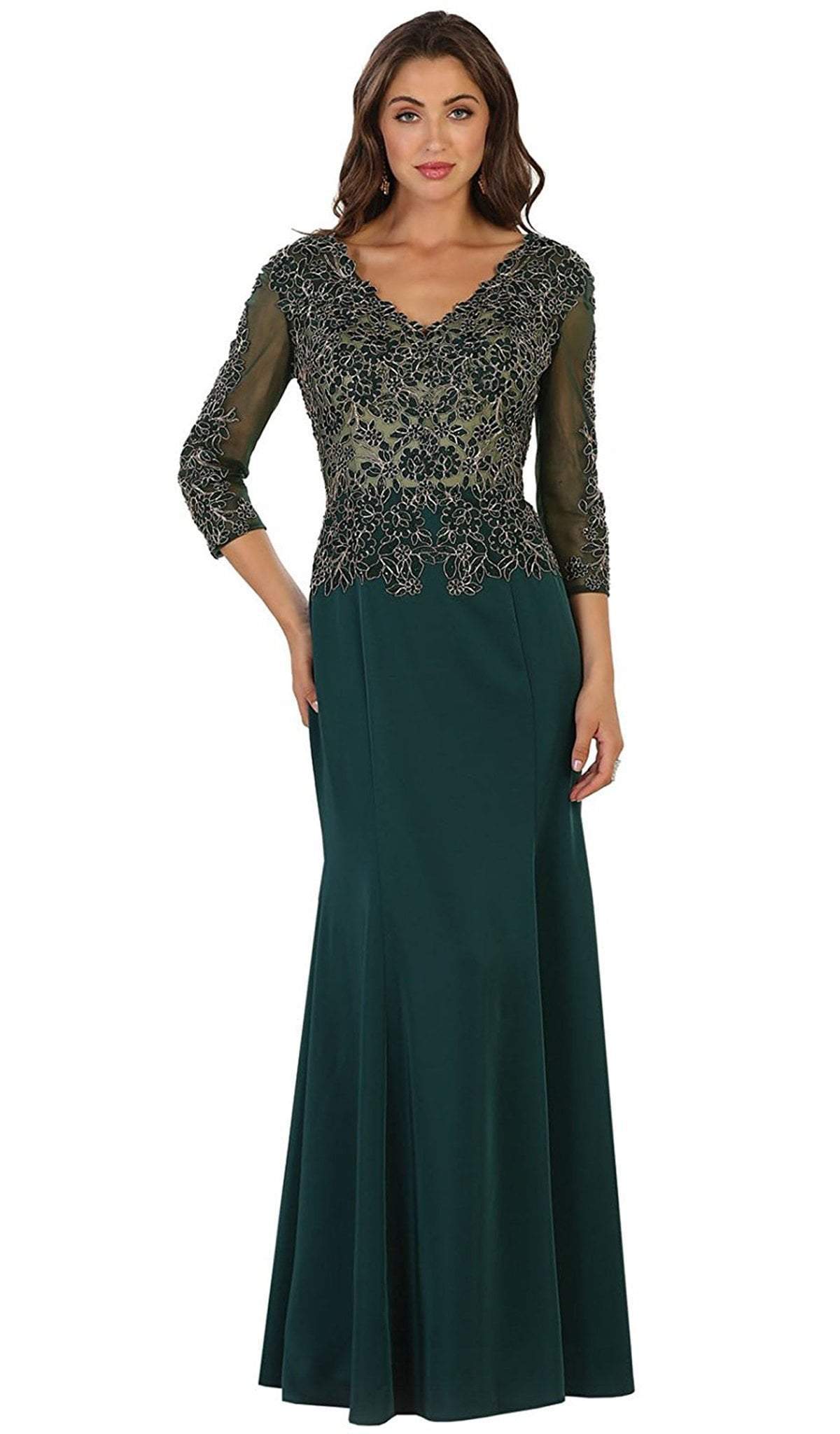 May Queen - MQ1505 Quarter Length Sleeve Lace Sheath Evening Dress Mother of the Bride Dresses M / Hunter-Green