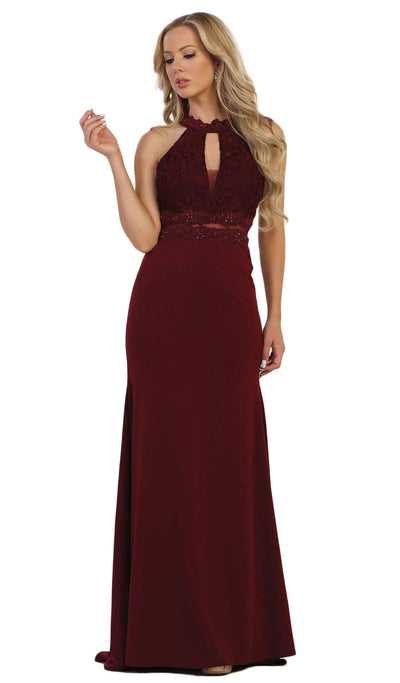 May Queen - MQ1506 Halter Bead Embellished Prom Dress Bridesmaid Dresses 2 / Burgundy