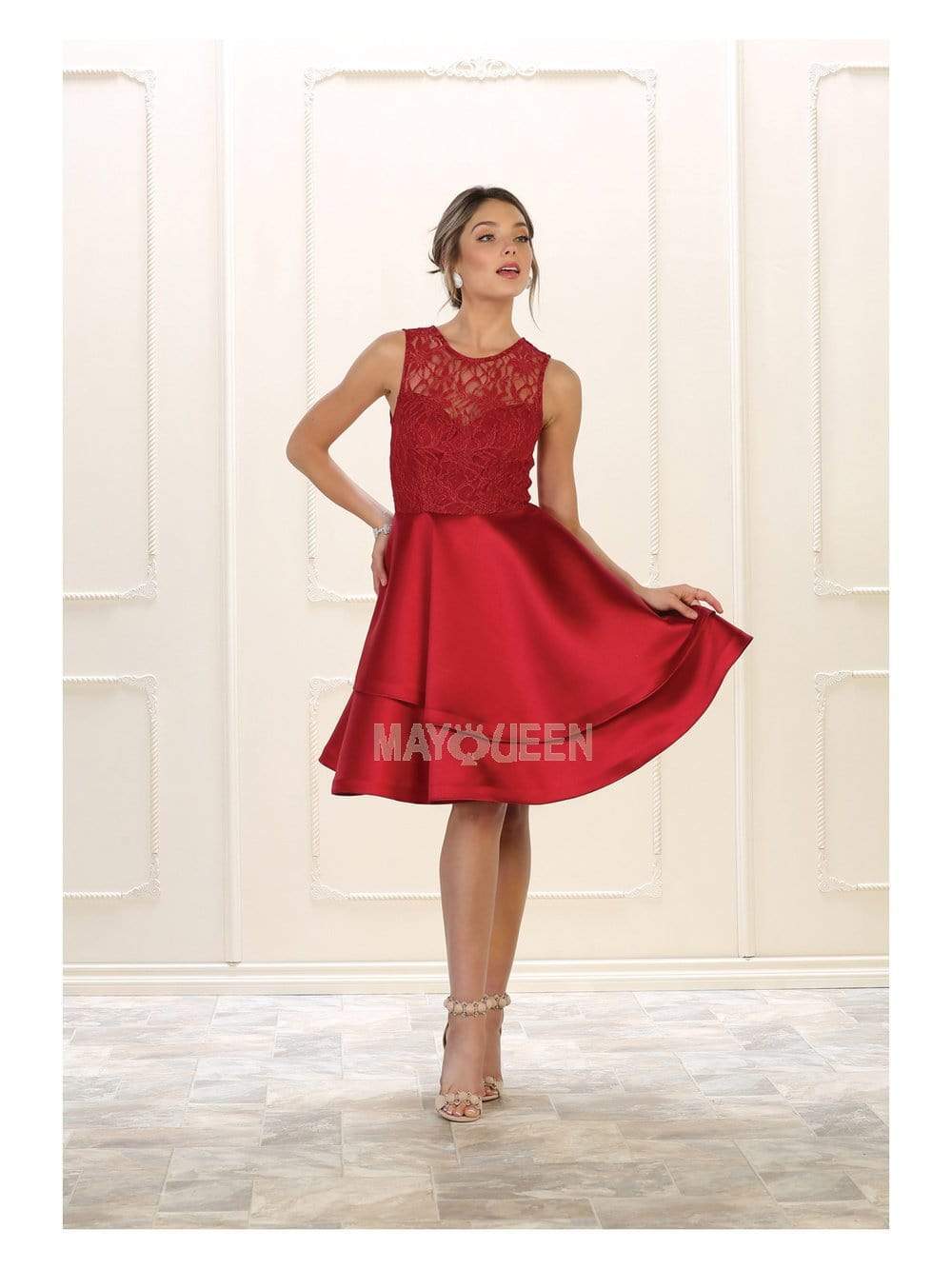 May Queen - MQ1508 Short Sheer Lace Bodice Tiered Dress Cocktail Dresses 2 / Burgundy