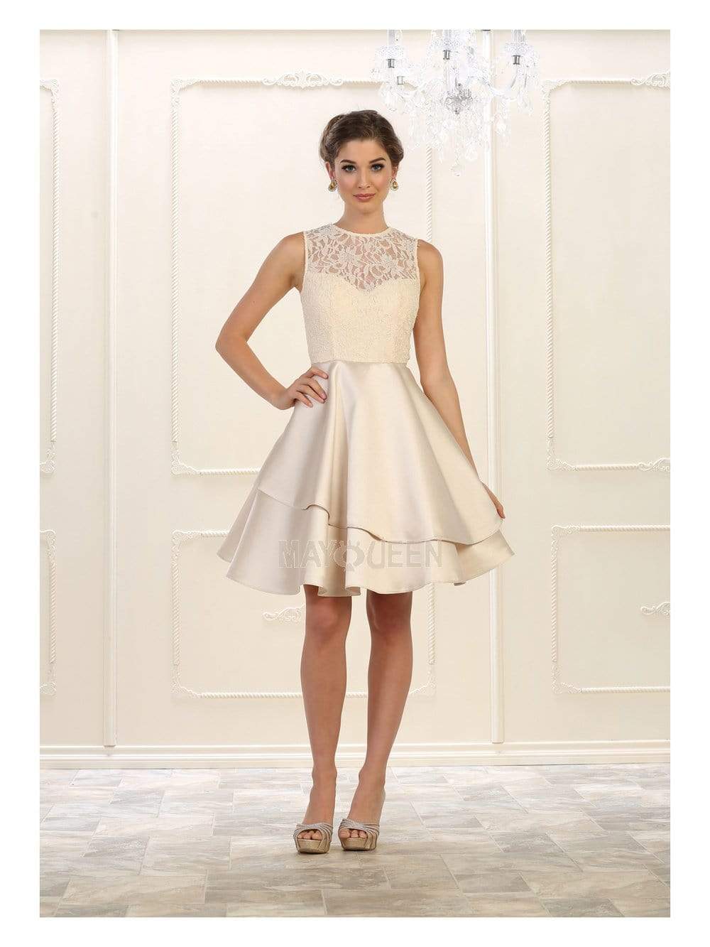 May Queen - MQ1508 Short Sheer Lace Bodice Tiered Dress Cocktail Dresses 2 / Champagne