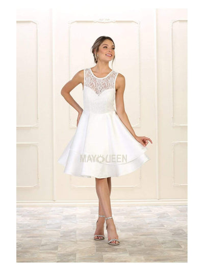 May Queen - MQ1508 Short Sheer Lace Bodice Tiered Dress Cocktail Dresses 2 / White