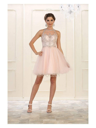 May Queen - MQ1509 Illusion Neckline Embroidery Lace Cocktail Dress Homecoming Dresses 4 / Blush