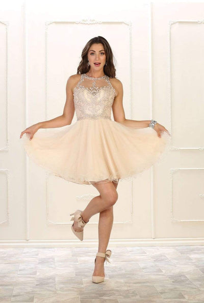 May Queen - MQ1509 Illusion Neckline Embroidery Lace Cocktail Dress Homecoming Dresses 4 / Champagne