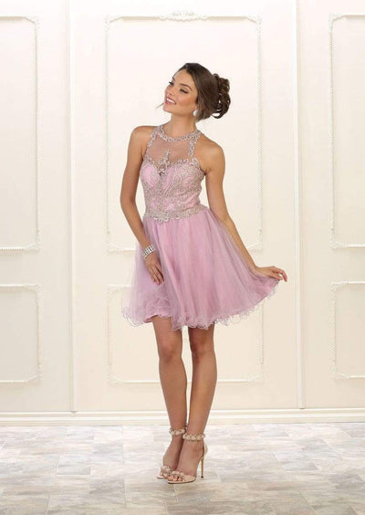 May Queen - MQ1509 Illusion Neckline Embroidery Lace Cocktail Dress Homecoming Dresses 4 / Mauve