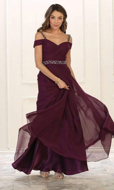 May Queen - MQ1515 Embellished Cold Shoulder Knotted A-Line Gown Prom Dresses 4 / Eggplant