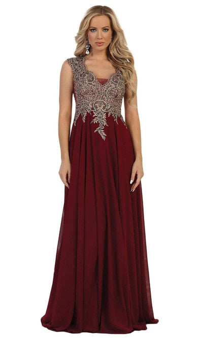 May Queen - MQ1523 Embellished Scalloped V-neck A-line Prom Dress Special Occasion Dress 4 / Burgundy