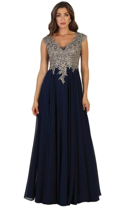 May Queen - MQ1523 Embellished Scalloped V-neck A-line Prom Dress Special Occasion Dress 4 / Navy