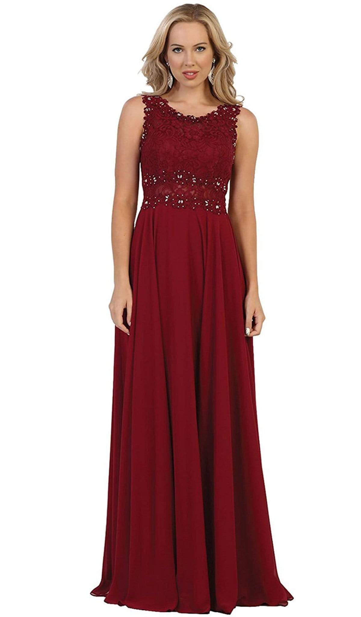 May Queen - MQ1539 Beaded Lace Scoop Prom Dress Bridesmaid Dresses 4 / Burgundy