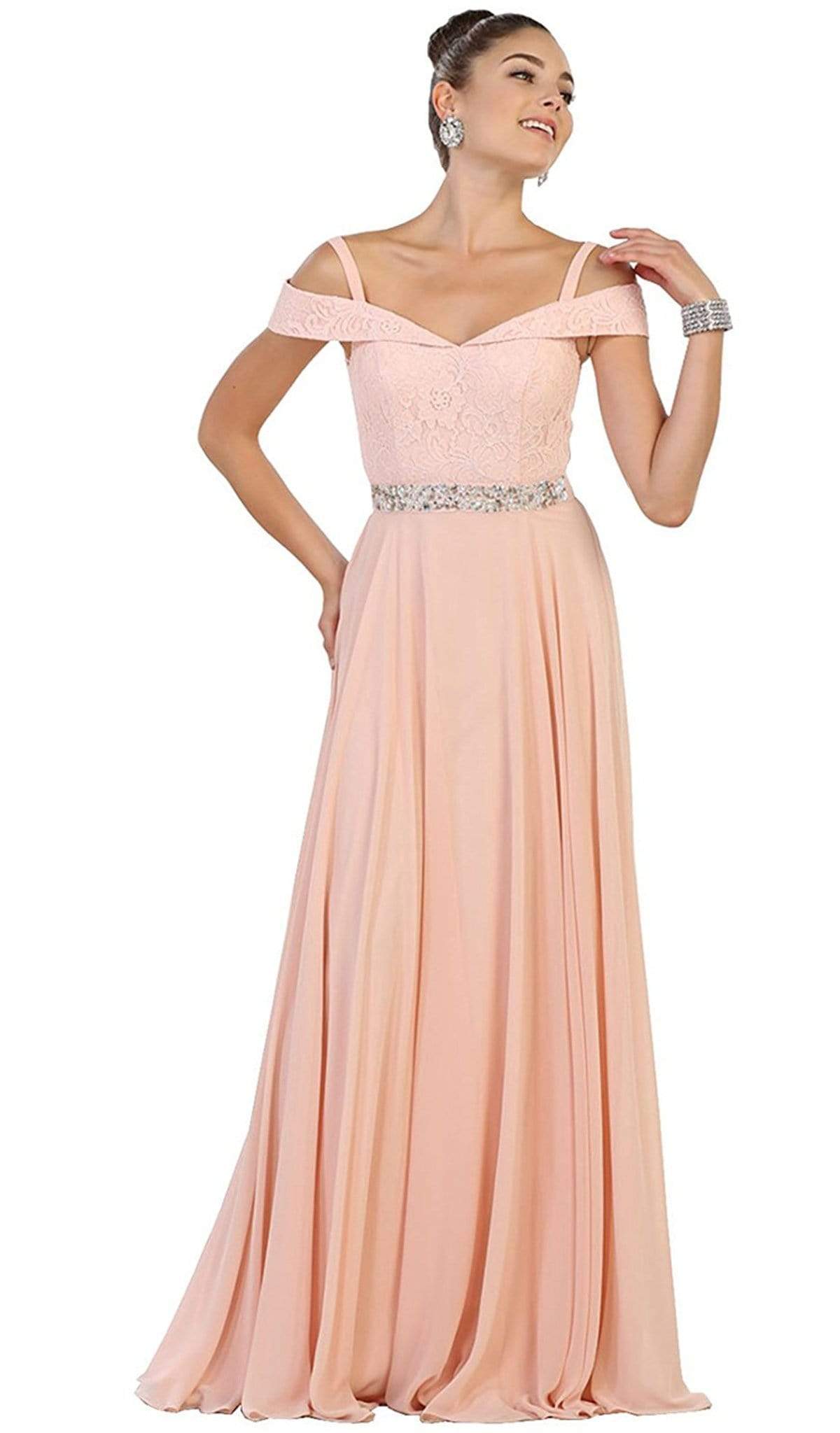 May Queen - MQ1540 Cold Shoulder Lace Prom Dress Bridesmaid Dresses 4 / Blush