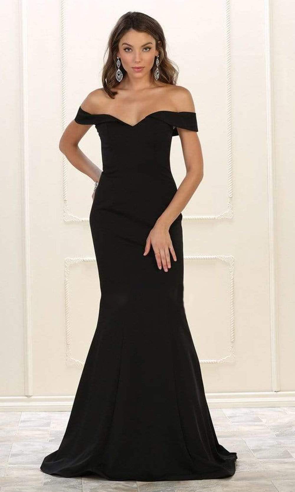 May Queen - MQ1547 Off Shoulder Mermaid Evening Gown Bridesmaid Dresses 2 / Black