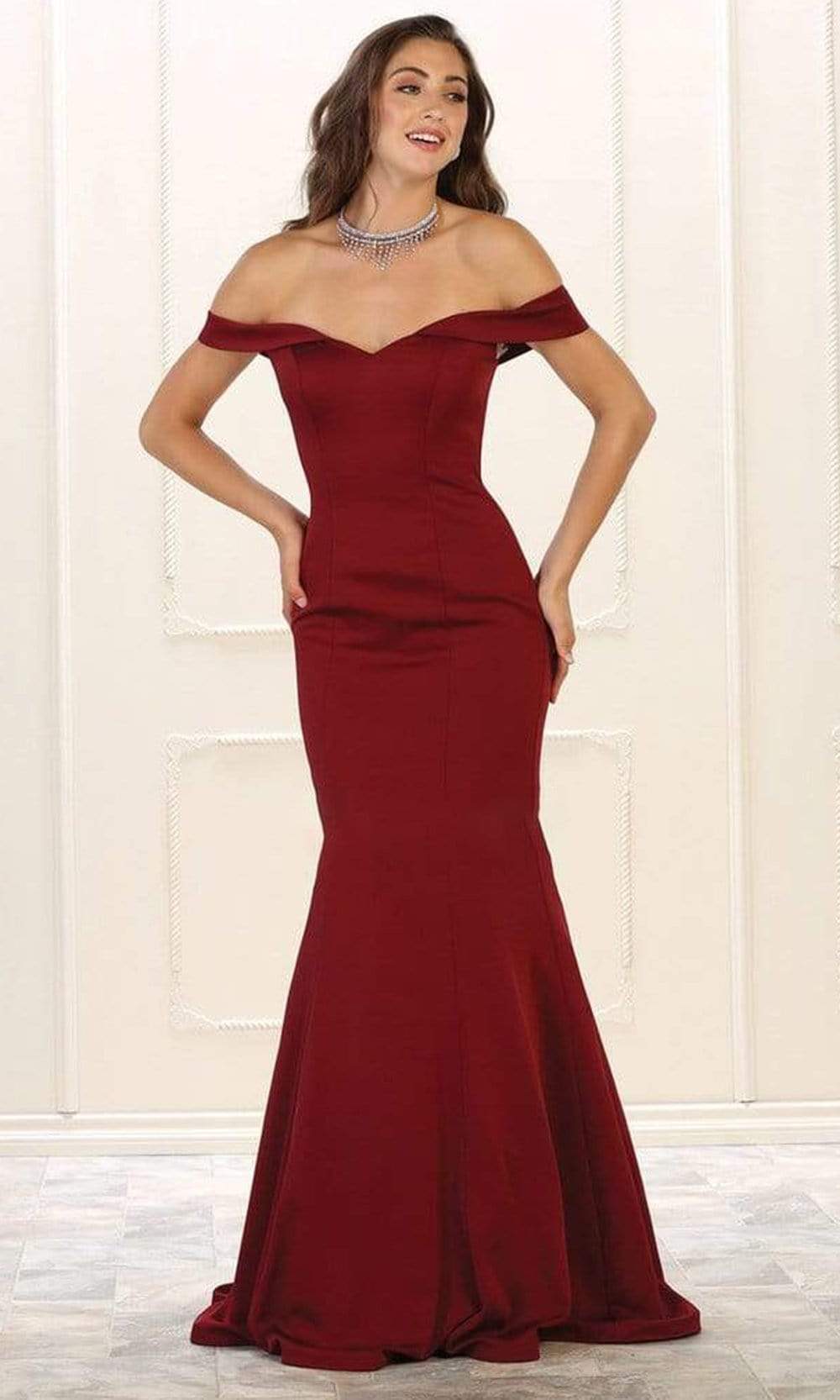 May Queen - MQ1547 Off Shoulder Mermaid Evening Gown Bridesmaid Dresses 2 / Burgundy