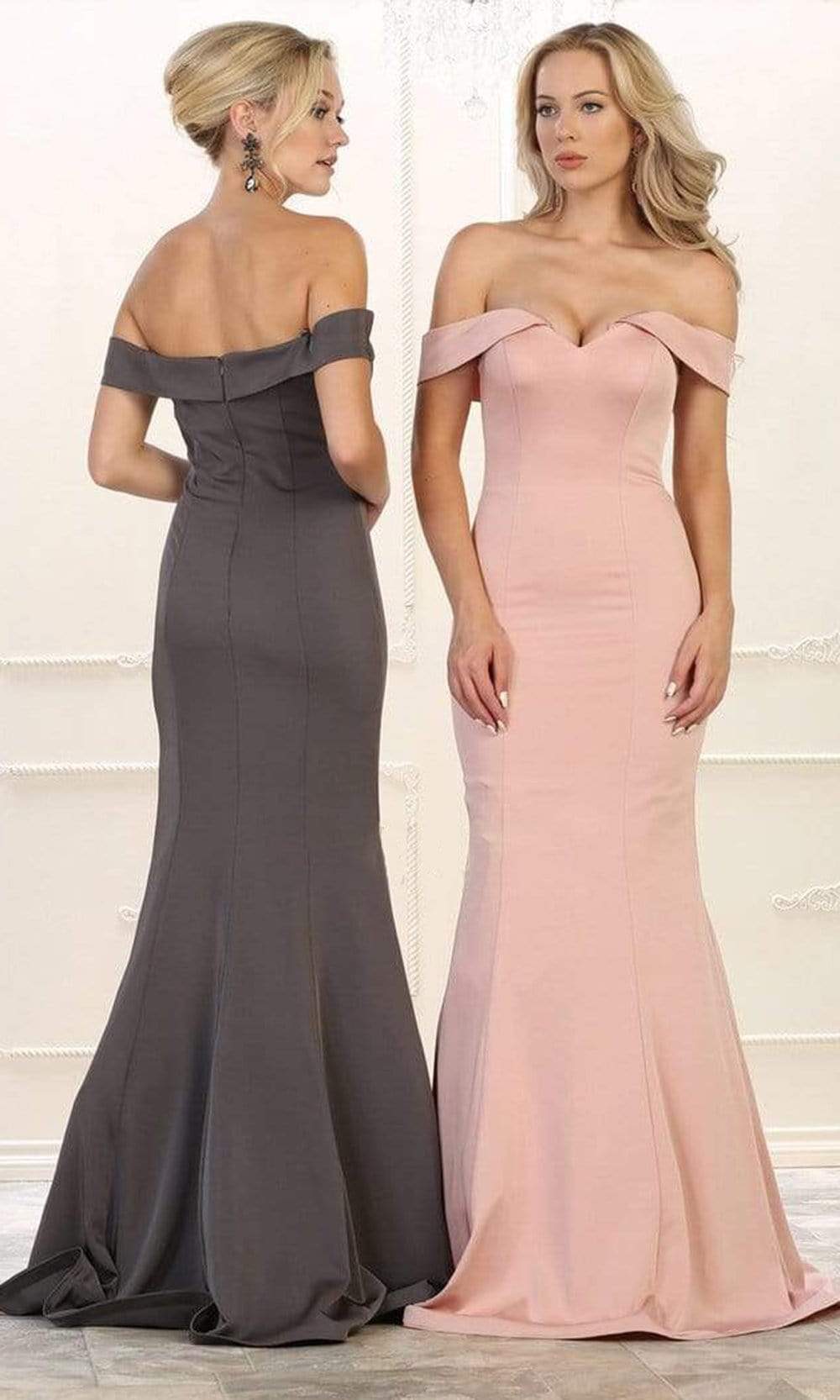 May Queen - MQ1547SC Off Shoulder Sweetheart Sheath Long Gown In Gray and Pink