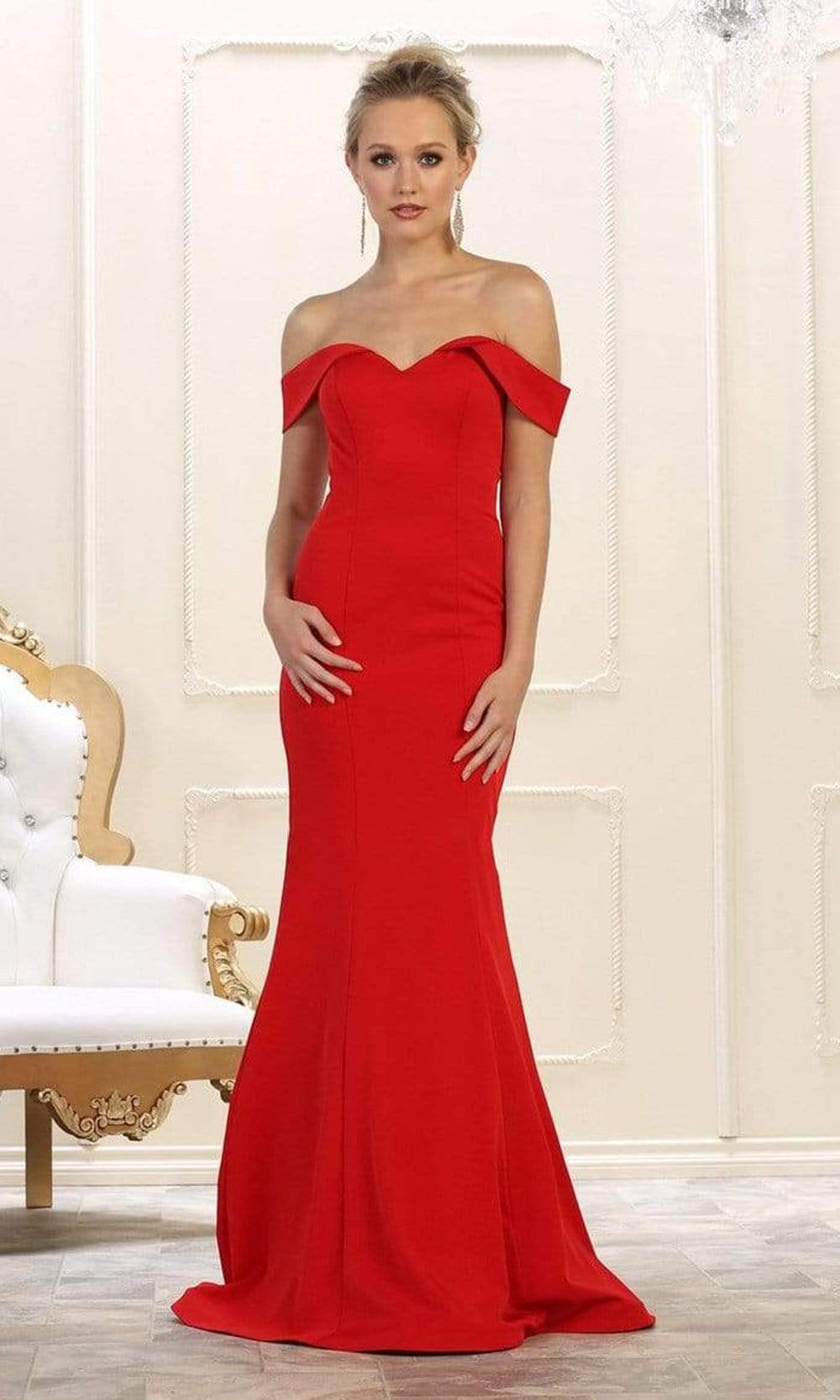 May Queen - MQ1547 Off Shoulder Mermaid Evening Gown Bridesmaid Dresses 2 / Red