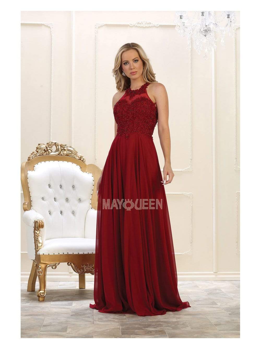 May Queen - MQ1557 Embroidered Halter Neck A-line Dress Bridesmaid Dresses 4 / Burgundy