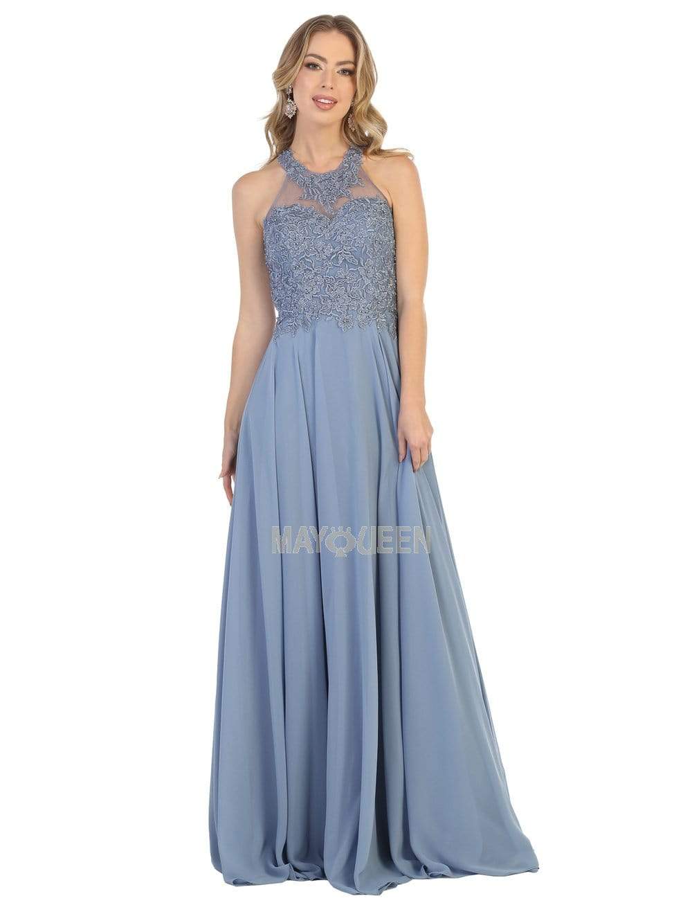 May Queen - MQ1557 Embroidered Halter Neck A-line Dress Bridesmaid Dresses 4 / Dusty-Blue