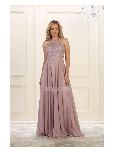 May Queen - MQ1557 Embroidered Halter Neck A-line Dress Bridesmaid Dresses 4 / Mauve