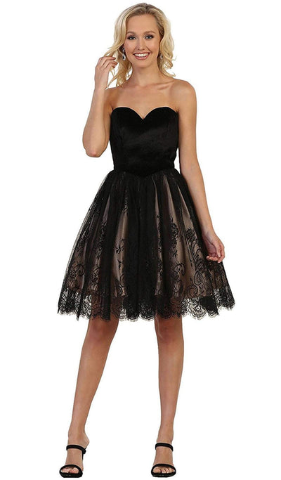 May Queen - MQ1559 Strapless Sweetheart Lace A-line Cocktail Dress Cocktail Dresses 4 / Black