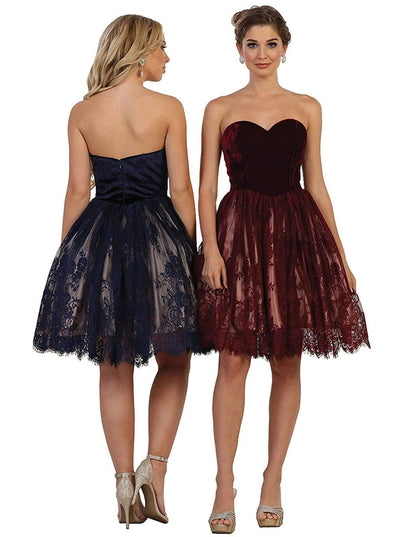 May Queen - MQ1559 Strapless Sweetheart Lace A-line Cocktail Dress Cocktail Dresses 4 / Burgundy