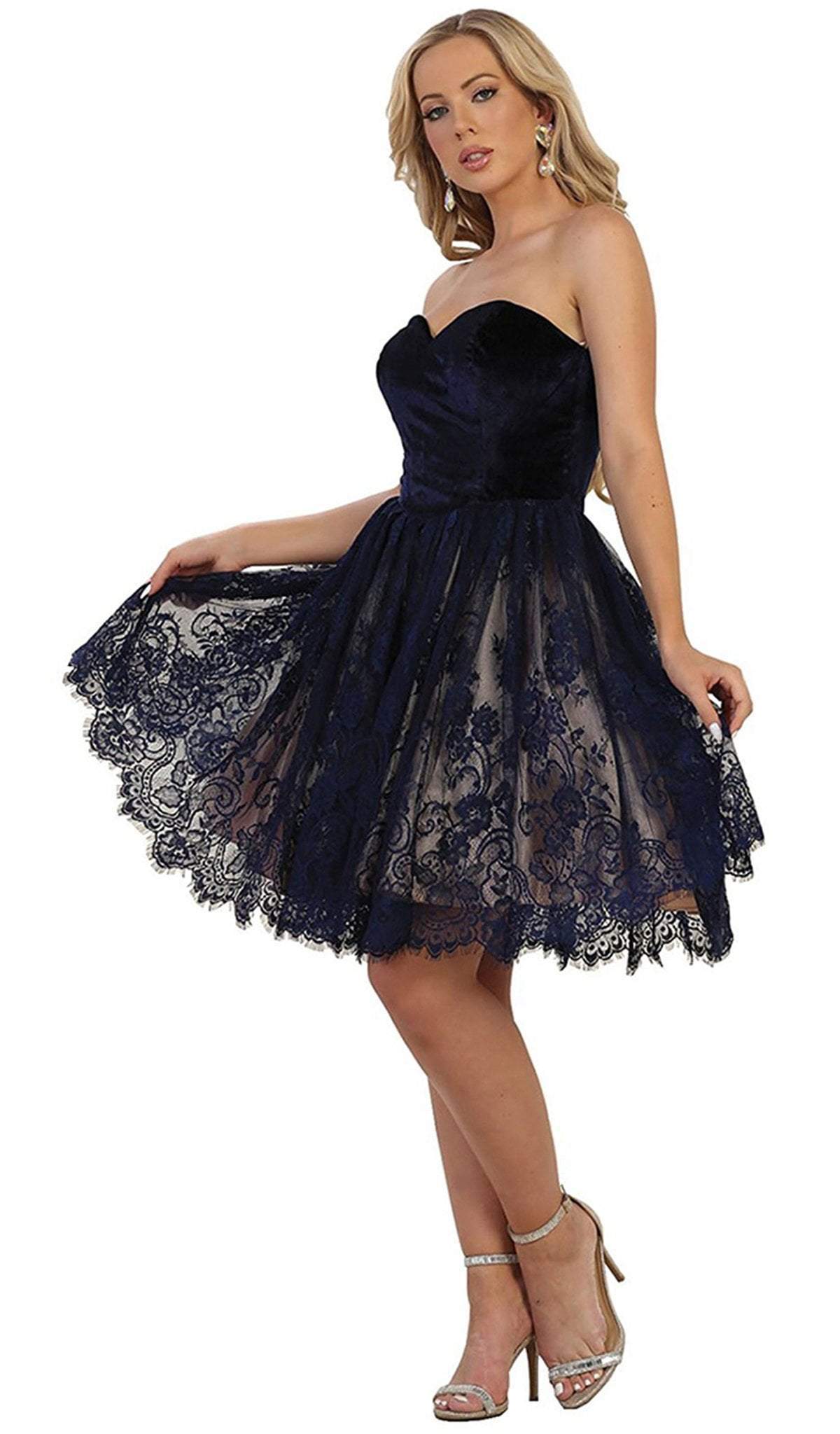 May Queen - MQ1559 Strapless Sweetheart Lace A-line Cocktail Dress Cocktail Dresses 4 / Navy