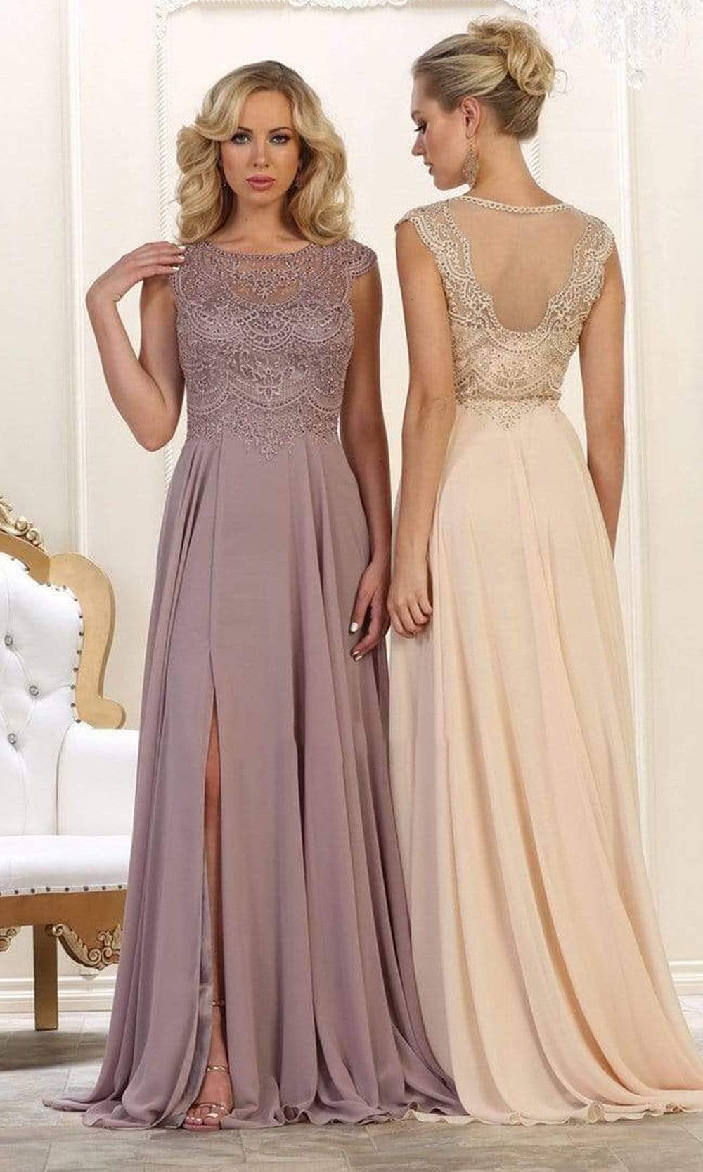 May Queen - MQ1563B Bateau A-Line Dress with Slit Mother of the Bride Dresses 22 / Mauve