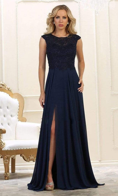 May Queen - MQ1563B Bateau A-Line Dress with Slit Mother of the Bride Dresses 22 / Navy