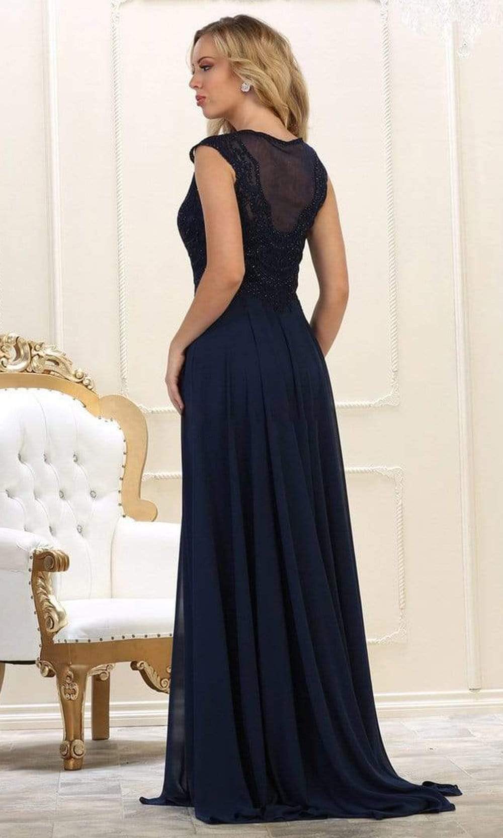 May Queen - MQ1563B Bateau A-Line Dress with Slit Mother of the Bride Dresses