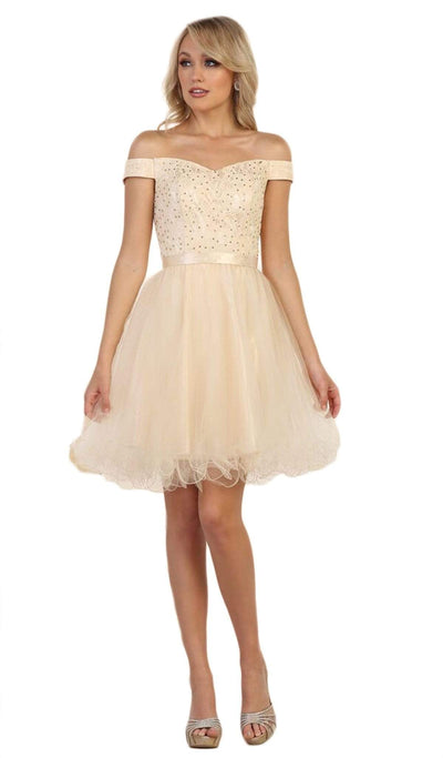 May Queen - MQ1565 Off Shoulder Beaded Tulle Cocktail Dress Cocktail Dresses 2 / Champagne