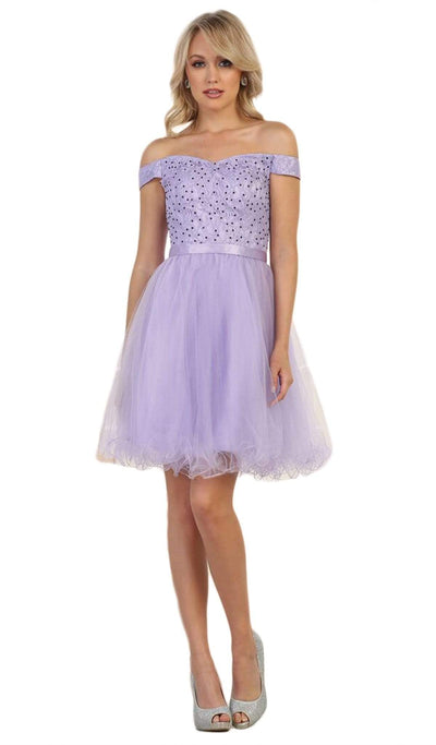 May Queen - MQ1565 Off Shoulder Beaded Tulle Cocktail Dress Cocktail Dresses 2 / Lilac