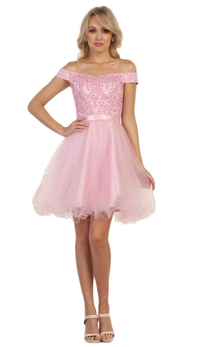 May Queen - MQ1565 Off Shoulder Beaded Tulle Cocktail Dress Cocktail Dresses 2 / Mauve