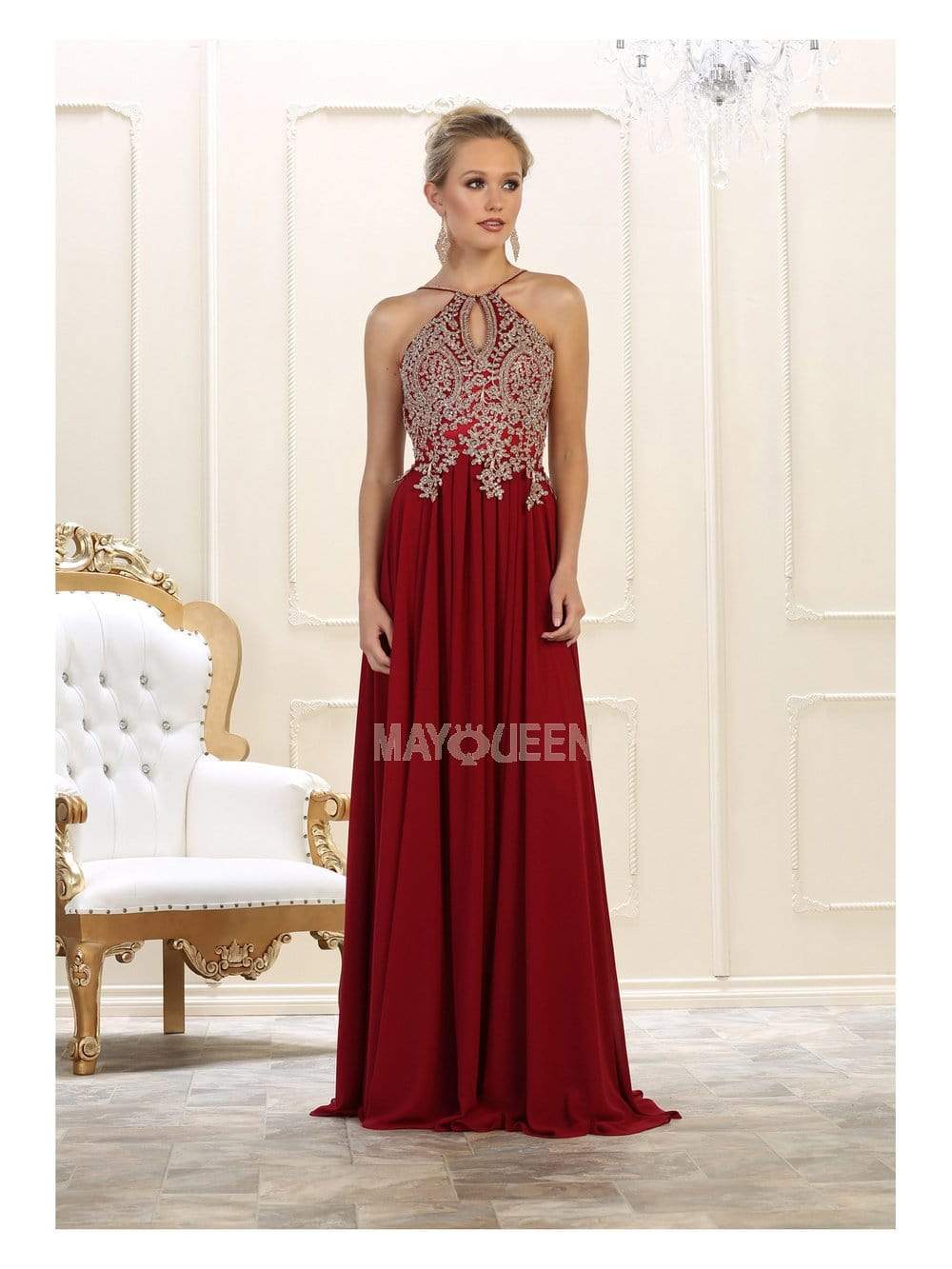 May Queen - MQ1569 Embroidered Halter A-line Dress Prom Dresses 4 / Burg/Gold