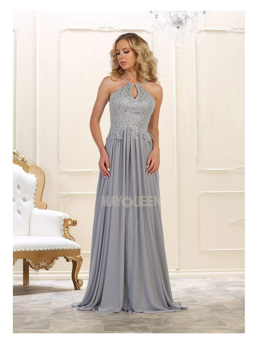 May Queen - MQ1569 Embroidered Halter A-line Dress Prom Dresses 4 / Silver/Silver