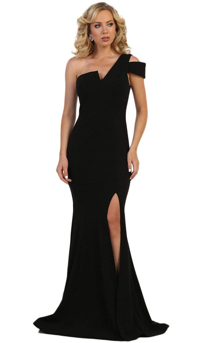 May Queen - MQ1572 Fitted One Shoulder Strap Evening Dress with Slit Special Occasion Dress 4 / Black