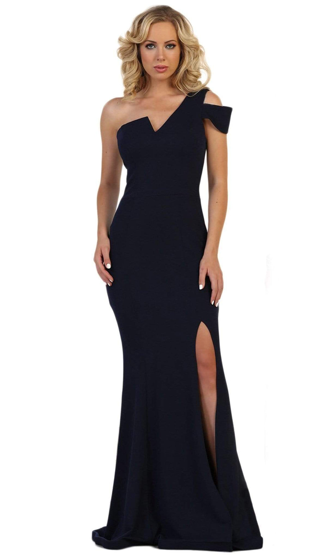 May Queen - MQ1572 Fitted One Shoulder Strap Evening Dress with Slit Special Occasion Dress 4 / Navy
