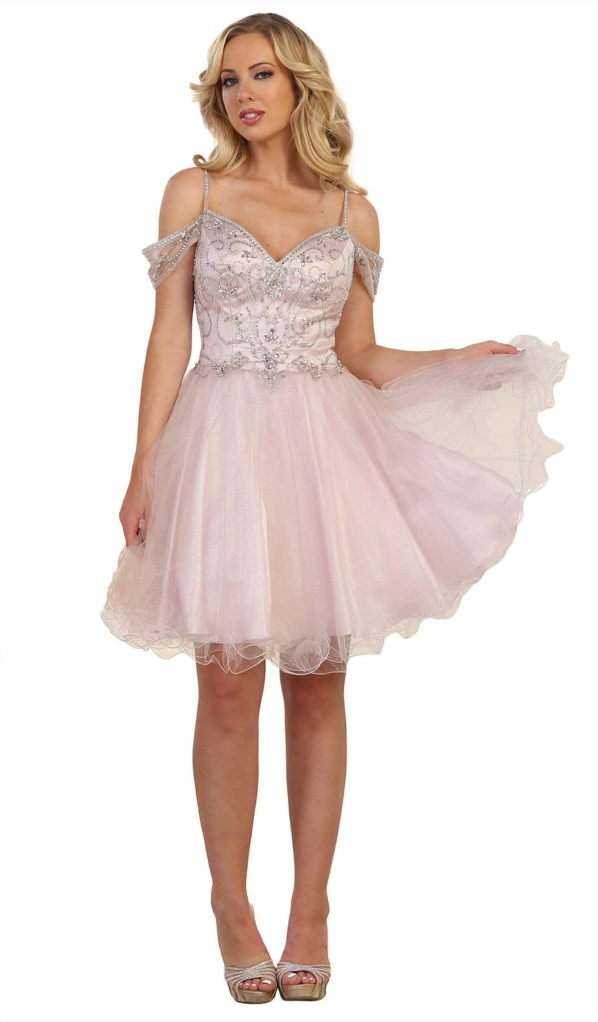 May Queen - MQ1575 Cold Shoulder Crystal Adorned A-Line Party Dress Party Dresses 2 / Blush