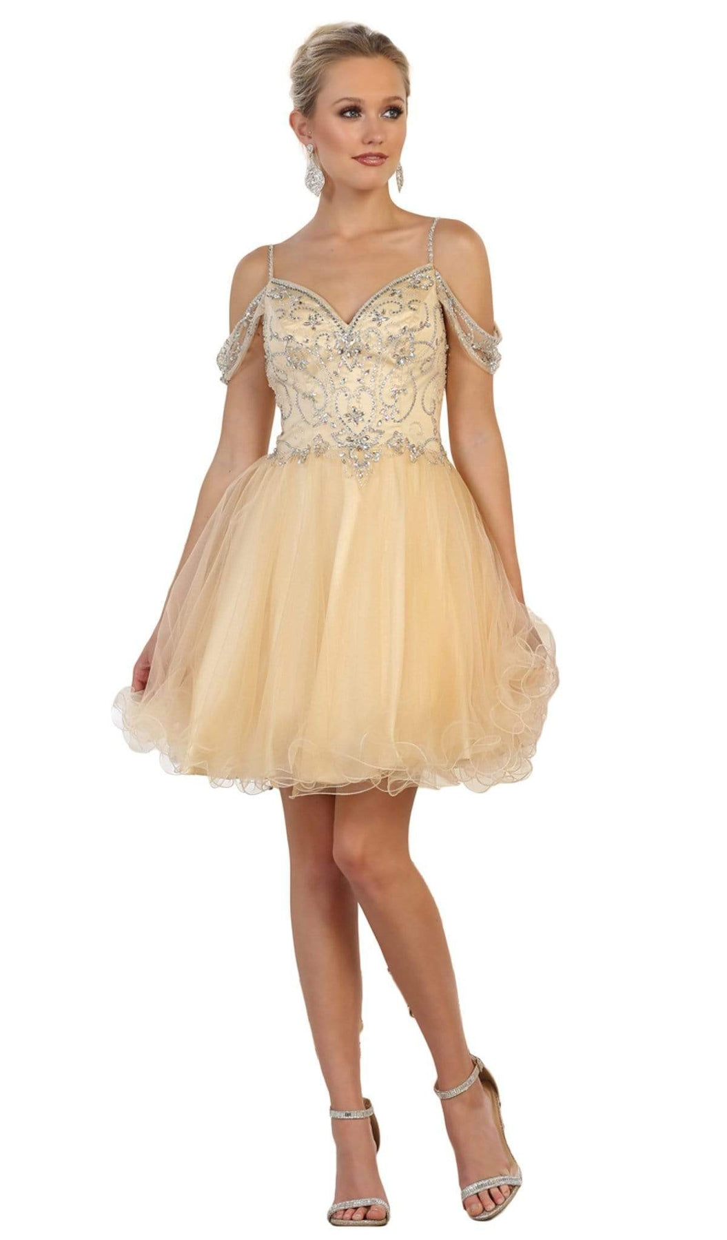 May Queen - MQ1575 Cold Shoulder Crystal Adorned A-Line Party Dress Party Dresses 2 / Champagne