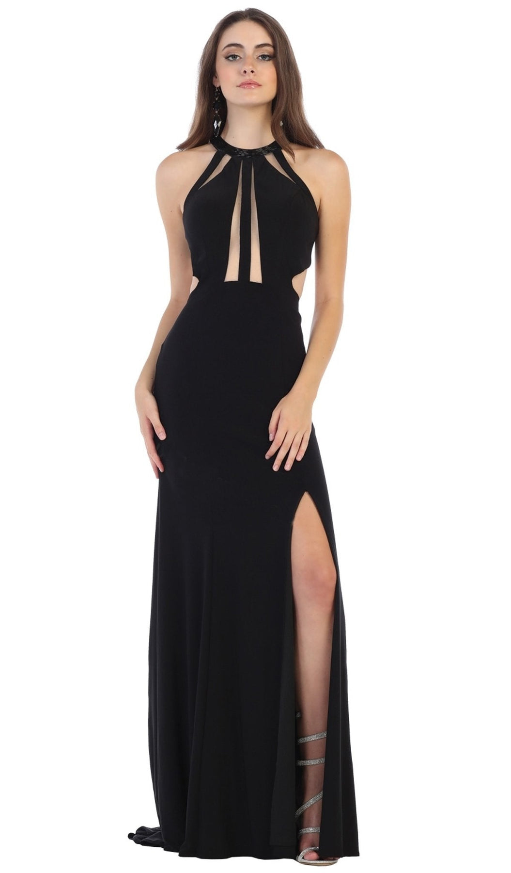 May Queen - MQ1579 Multi-Cutout Beaded Halter Sheath Gown Special Occasion Dress 2 / Black