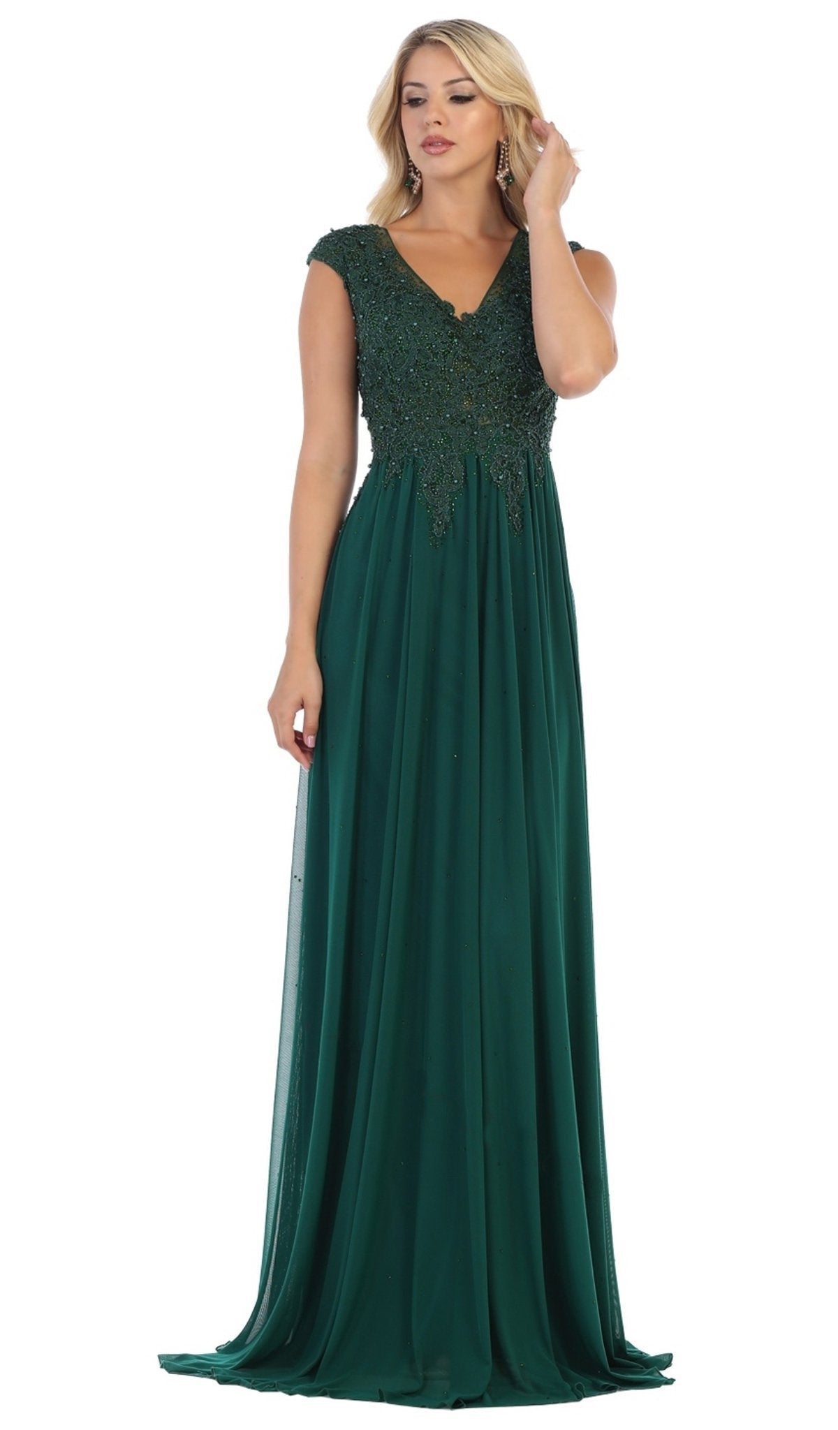 May Queen - MQ1580 Embellished V-neck A-line Dress With Train Formal Gowns 4 / Hunter-Grn