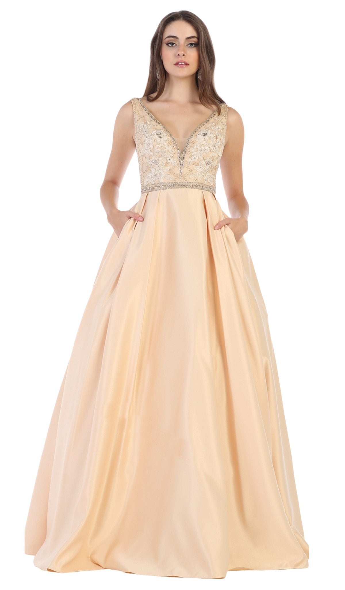 May Queen - MQ1581 Beaded Embroidered Plunging Ballgown Special Occasion Dress 4 / Champagne