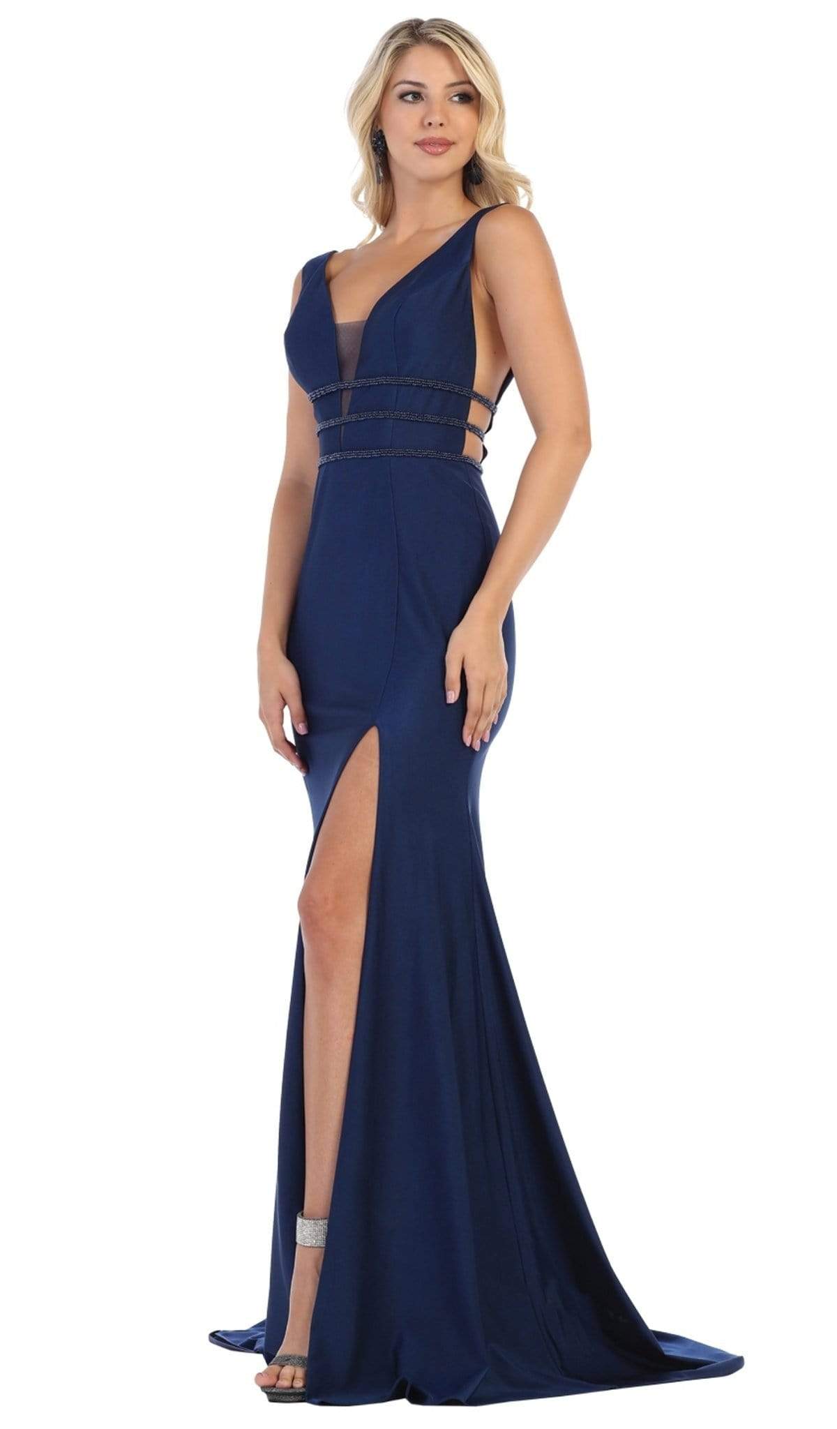 May Queen - MQ1582 Plunging Beaded Tri-Band High Slit Gown Special Occasion Dress 2 / Navy