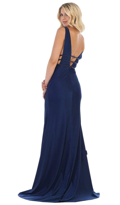 May Queen - MQ1582 Plunging Beaded Tri-Band High Slit Gown Special Occasion Dress