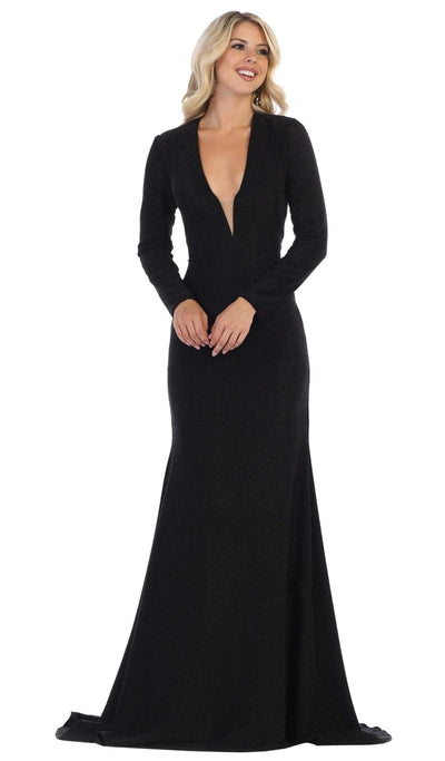 May Queen - MQ1583 Long Sleeve Deep V-neck Trumpet Dress Special Occasion Dress 4 / Black