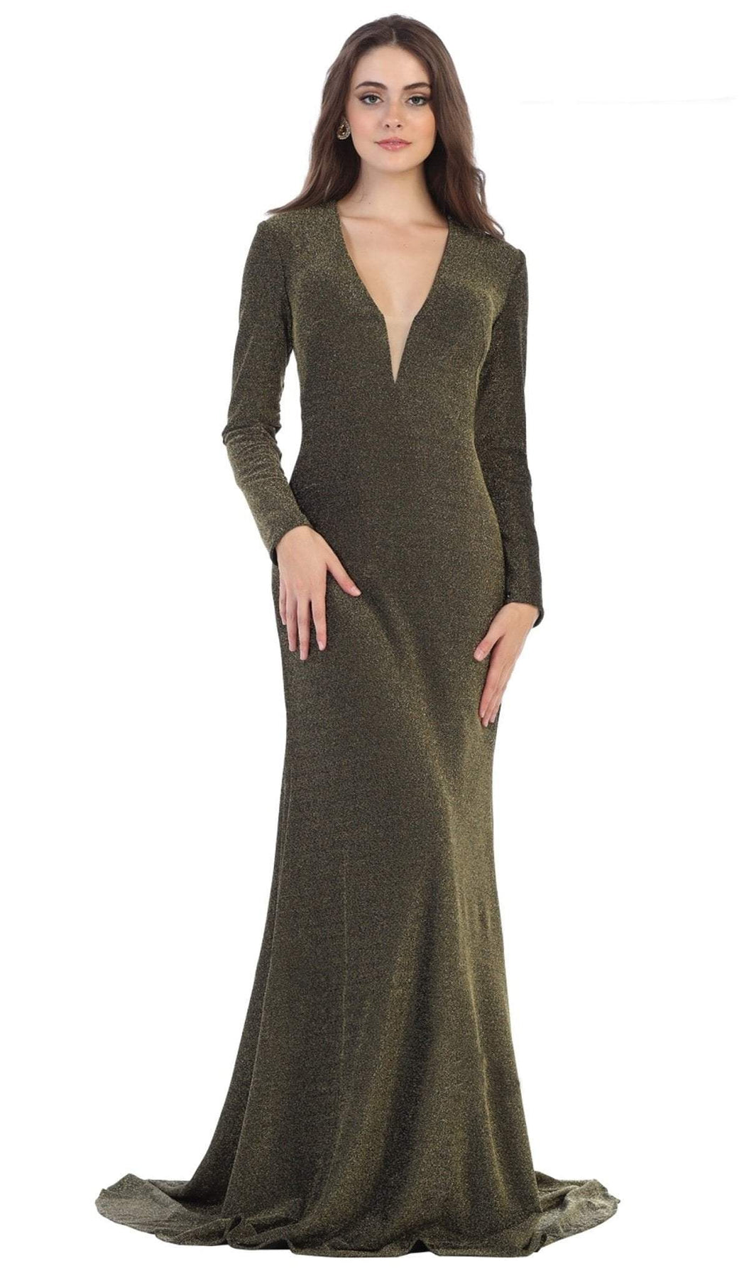 May Queen - MQ1583 Long Sleeve Deep V-neck Trumpet Dress Special Occasion Dress 4 / Olive