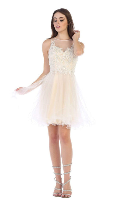 May Queen - MQ1584 Beaded Lace Ornate Fit and Flare Cocktail Dress Cocktail Dresses 2 / Ivory/Nude