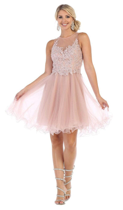 May Queen - MQ1584 Beaded Lace Ornate Fit and Flare Cocktail Dress Cocktail Dresses 2 / Mauve