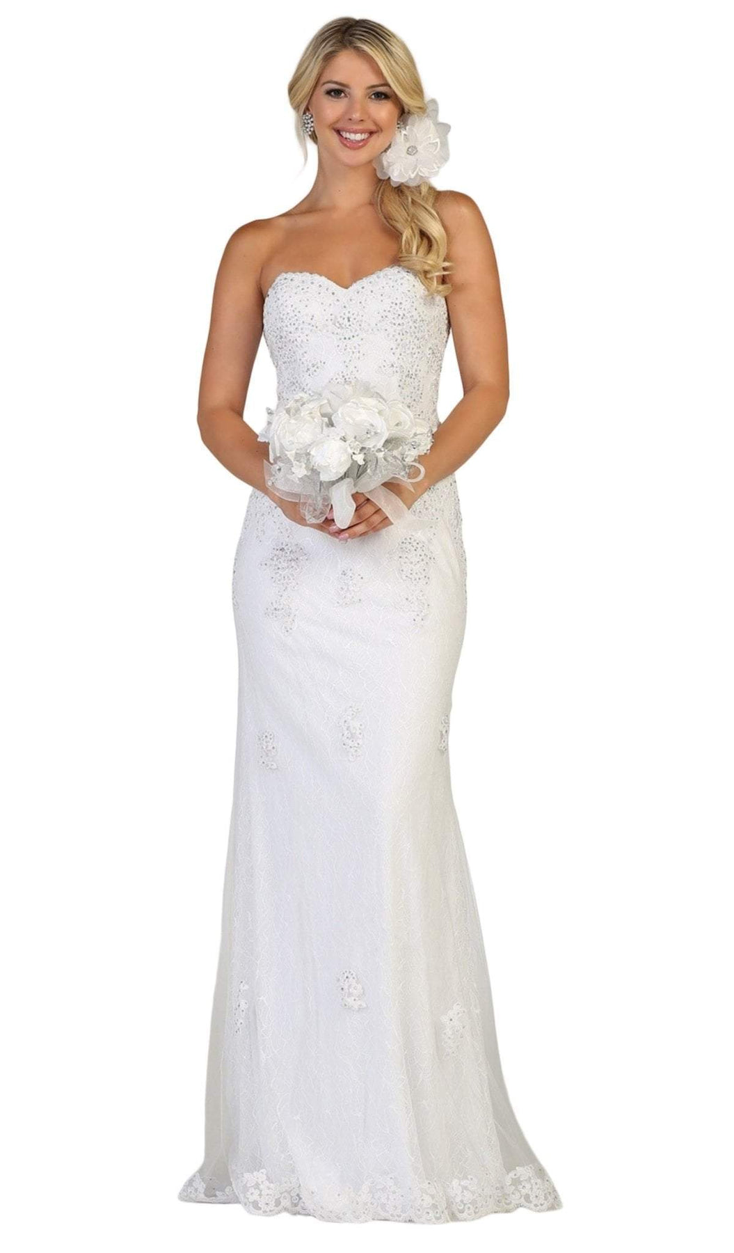 May Queen - MQ1585 Embroidered Sweetheart Sheath Dress With Train Bridesmaid Dresses 4 / White