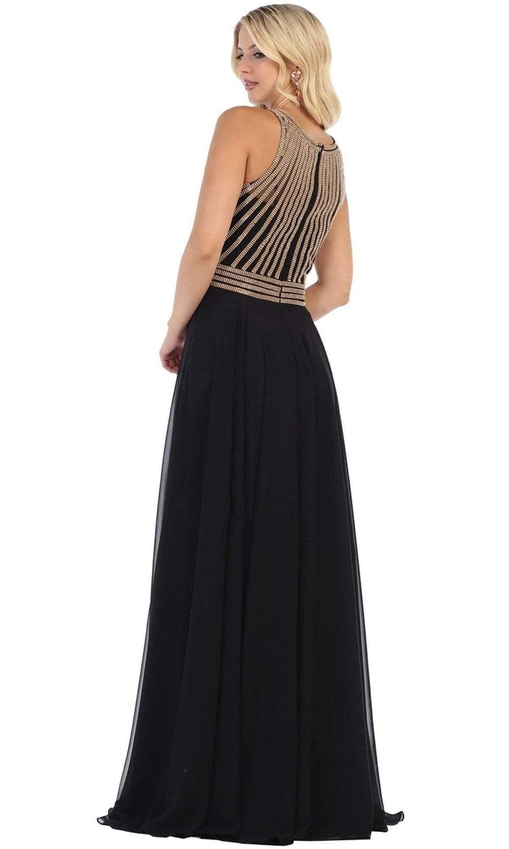 May Queen - Beaded Striped Sleeveless A-Line Dress MQ1586SC In Black and Gold