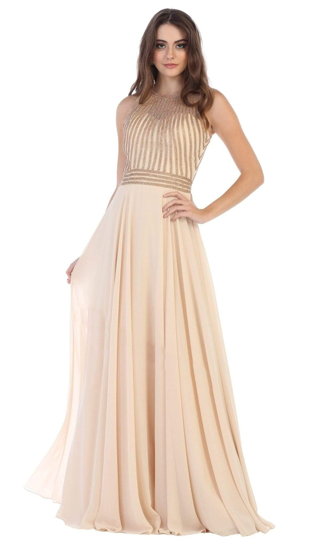 May Queen - MQ1586 Stripe Beaded Illusion Jewel Chiffon Gown Bridesmaid Dresses 4 / Champagne