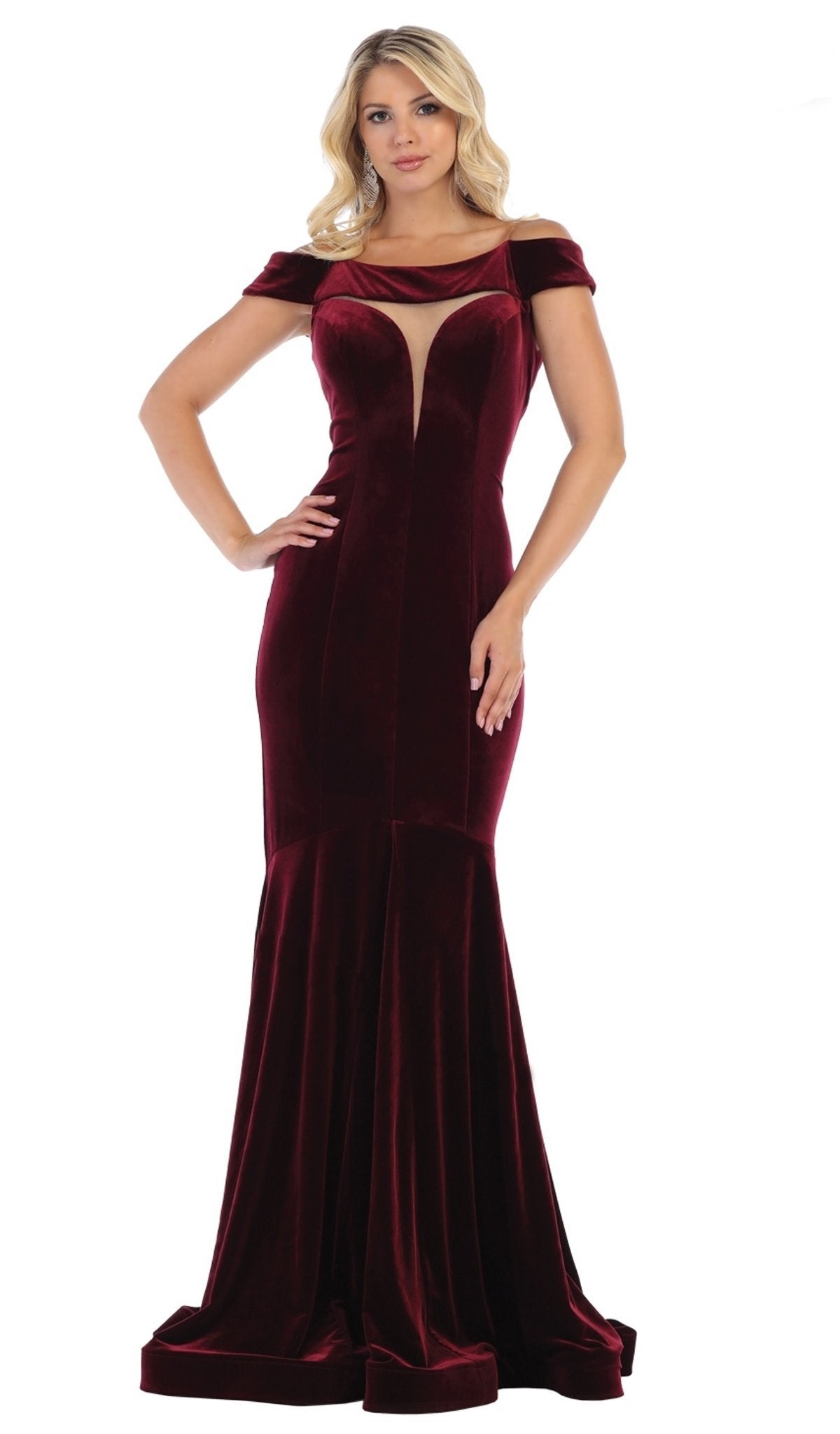 May Queen - MQ1592 Off-Shoulder Fitted Mermaid Evening Dress Special Occasion Dress 4 / Burgundy